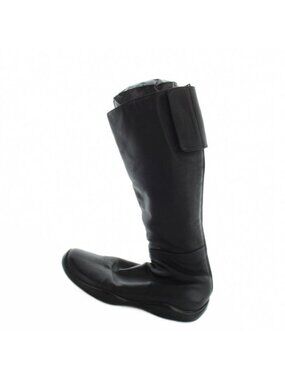 Prada Sport Long Boots Round Toe Velcro Leather Logo Black